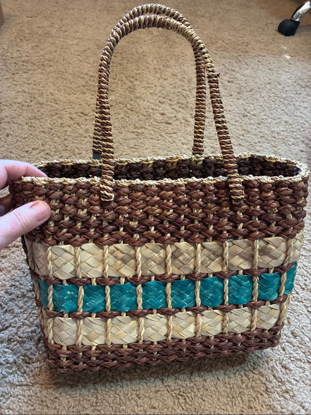 Woven Straw Tote Bag with Teal Accent - Women Bags